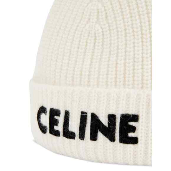 Celine Paris White Black Logo Laine Knit Wool Embroidered Beanie Cap Winter Hat main image 8